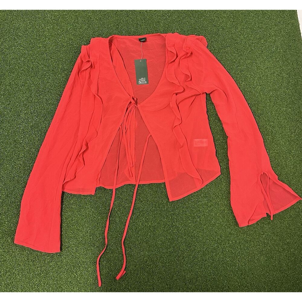 Wild Fable Shirt Womens S Red Ruffle Tie Front Sheer V Neck Long Bell Sleeve